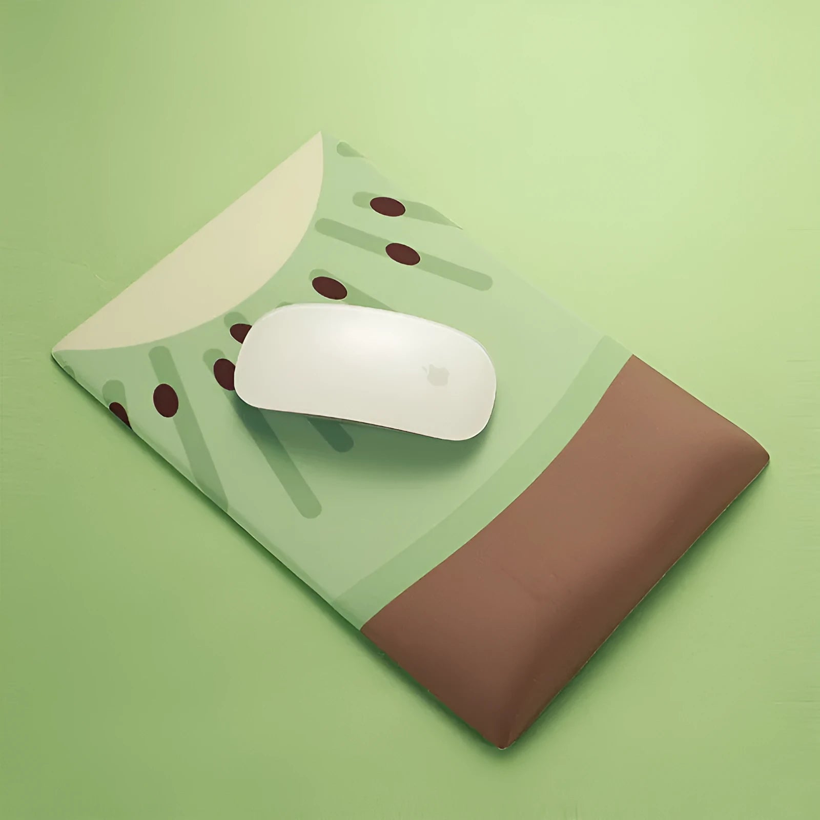 Green kiwi fruit shaped soft gel wrist support mouse pad on a desk.