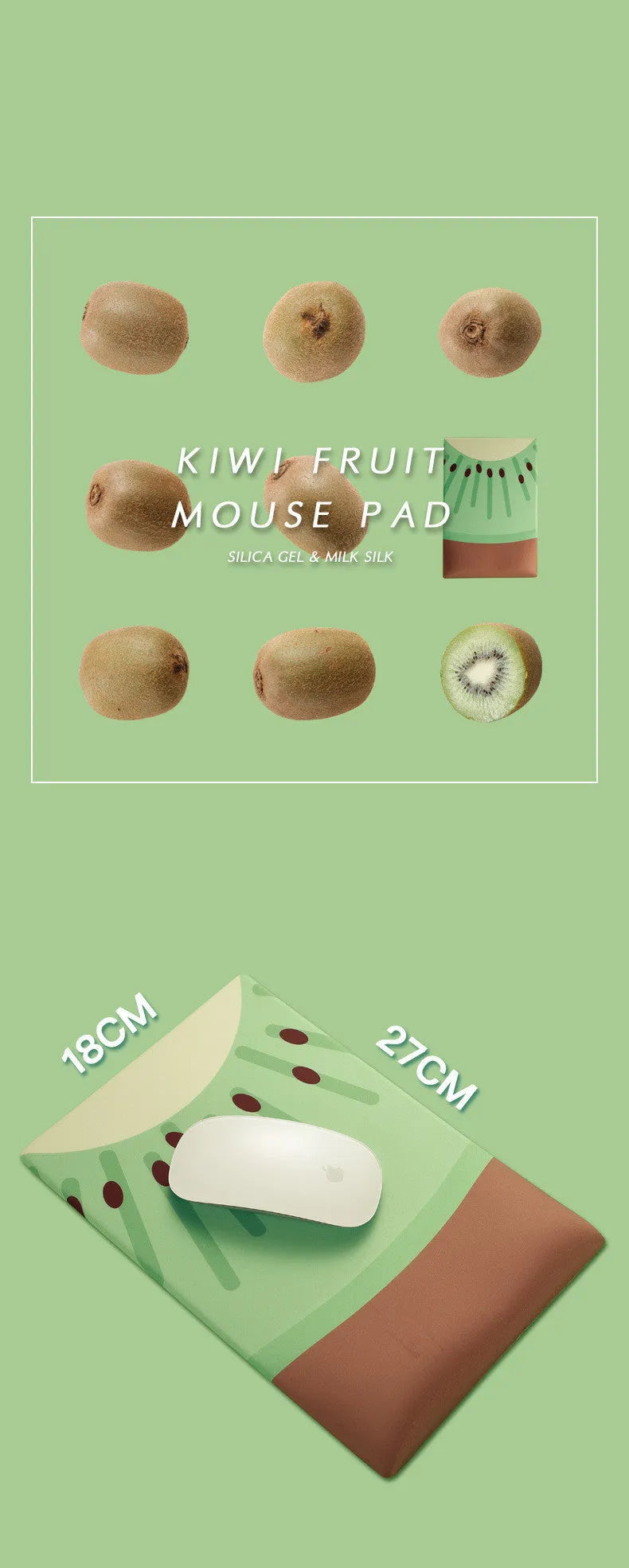 Green kiwi fruit shaped soft gel wrist support mouse pad on a desk.