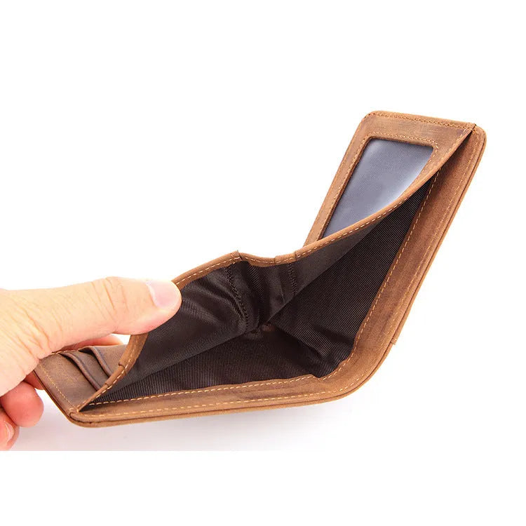 European and American RFID men's leather mini wallet in brown, head layer cowhide, 11cm by 7.5cm by 1.2cm