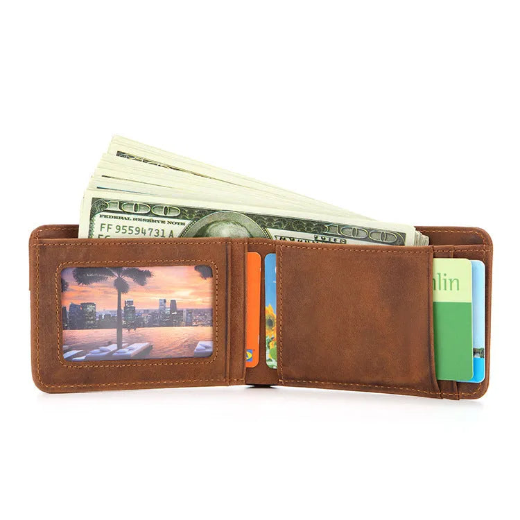 European and American RFID men's leather mini wallet in brown, head layer cowhide, 11cm by 7.5cm by 1.2cm