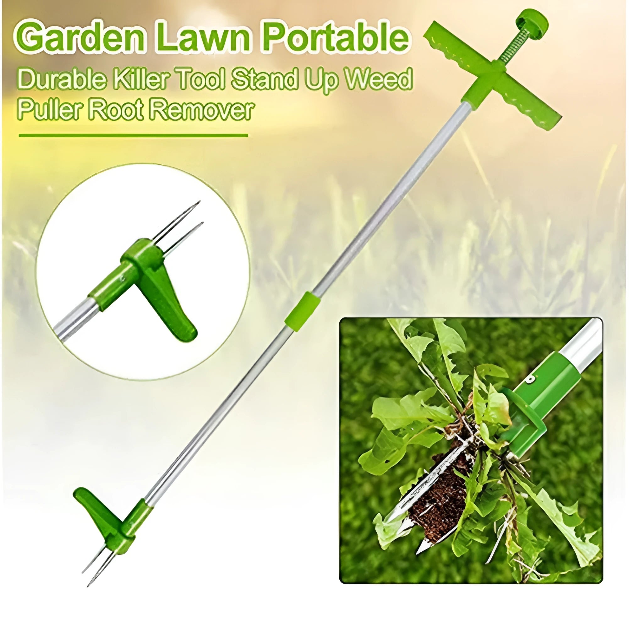 Manual weed puller with aluminium handle and plastic head on garden soil, model 1046A