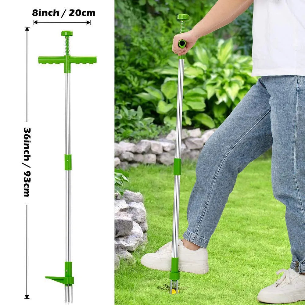 Manual weed puller with aluminium handle and plastic head on garden soil, model 1046A