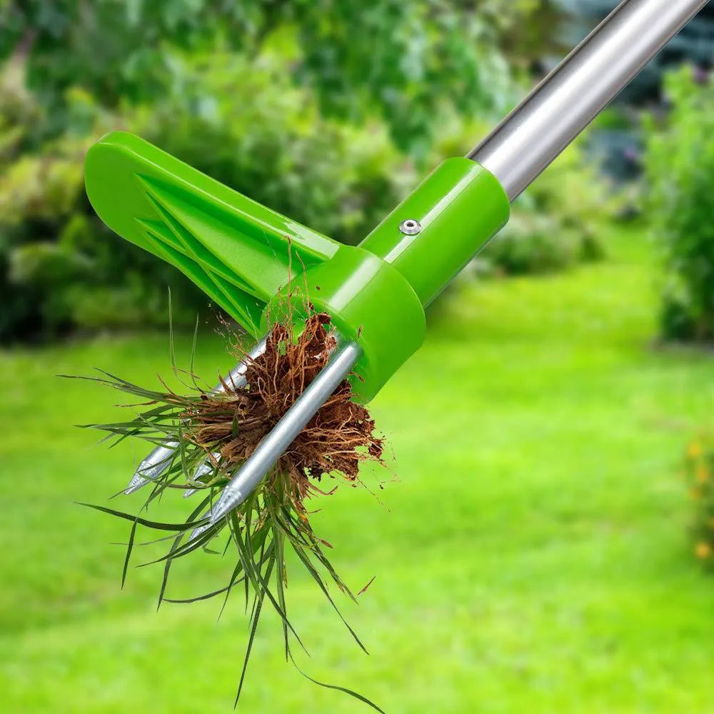 Manual weed puller with aluminium handle and plastic head on garden soil, model 1046A