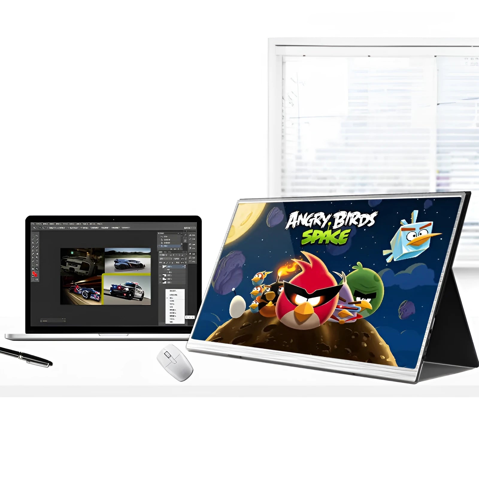 Zeuslap 15-inch portable computer monitor with Full HD resolution on desk with HDMI and USB cables