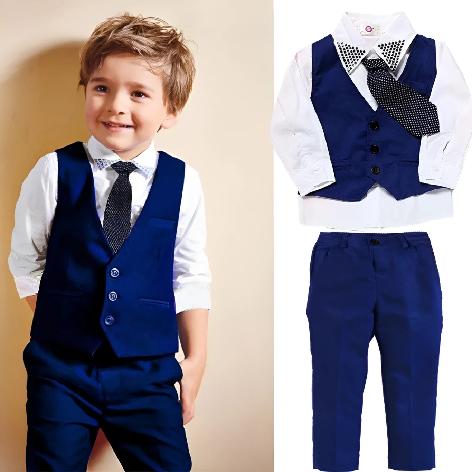 Blue boys' clothing set with cotton turtleneck, vest, tie, and trousers for toddlers