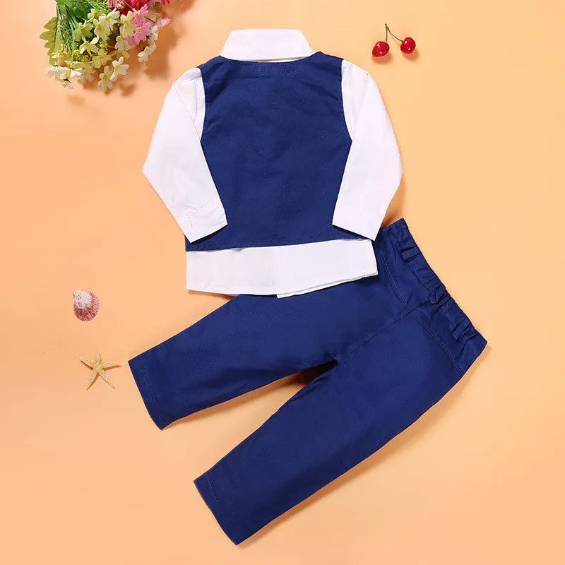 Blue boys' clothing set with cotton turtleneck, vest, tie, and trousers for toddlers