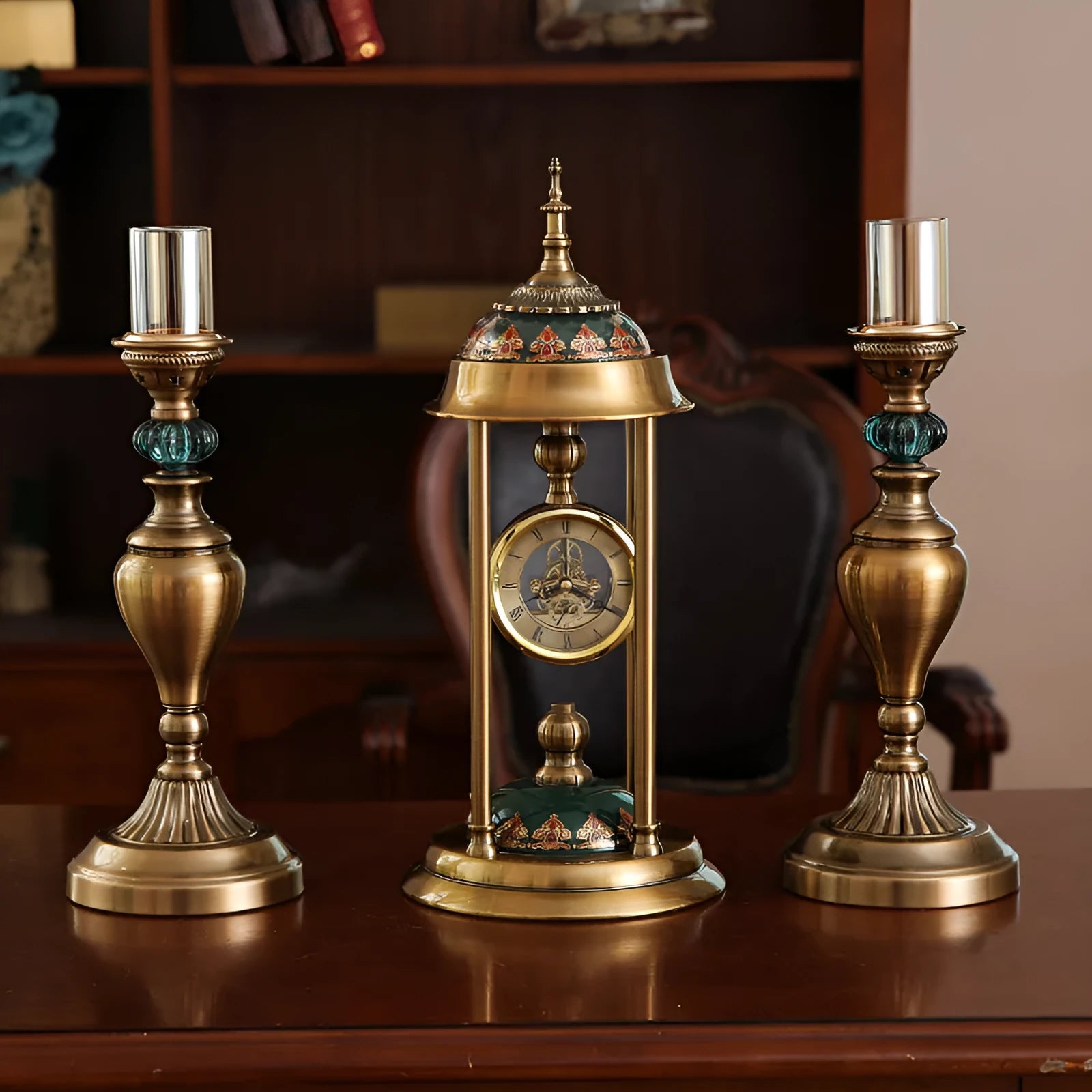 Rectangular Nordic pendulum clock ornament with metal and glass construction showing dual display options