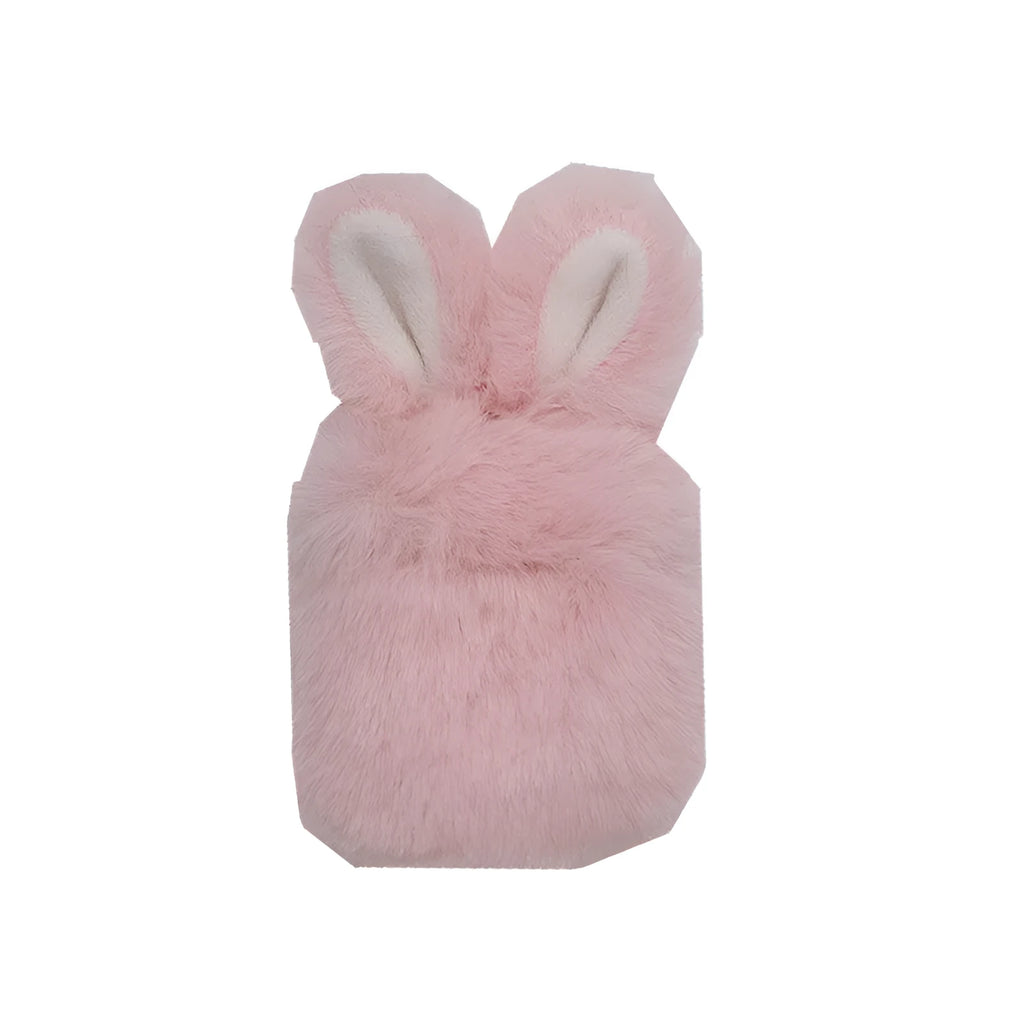 Pink silicone AirPods protective cover with grey plush rabbit ears design