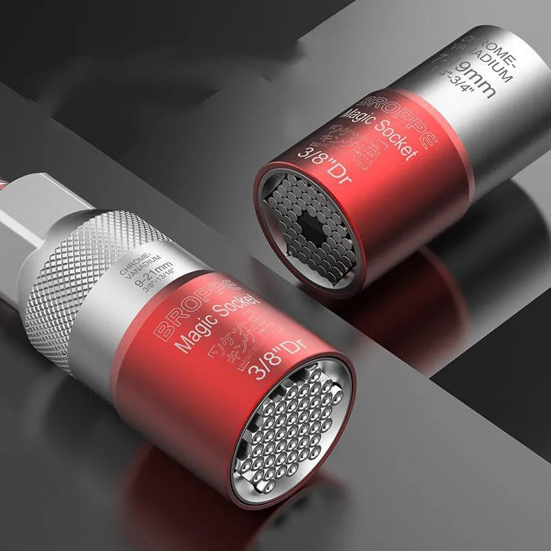 Red multi-function socket set with 7-19mm and 9-21mm universal sleeves and Type 0 electric screwdriver adapter