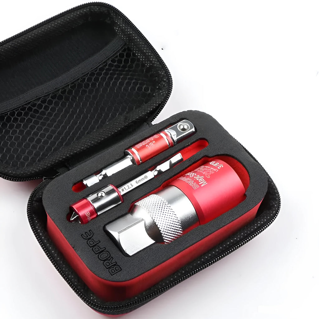 Red multi-function socket set with 7-19mm and 9-21mm universal sleeves and Type 0 electric screwdriver adapter