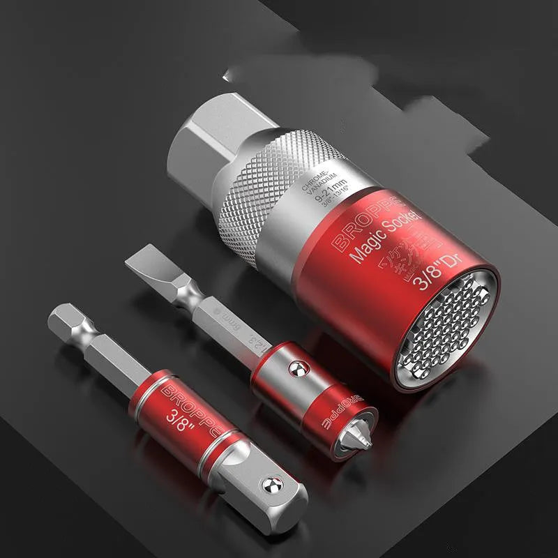 Red multi-function socket set with 7-19mm and 9-21mm universal sleeves and Type 0 electric screwdriver adapter