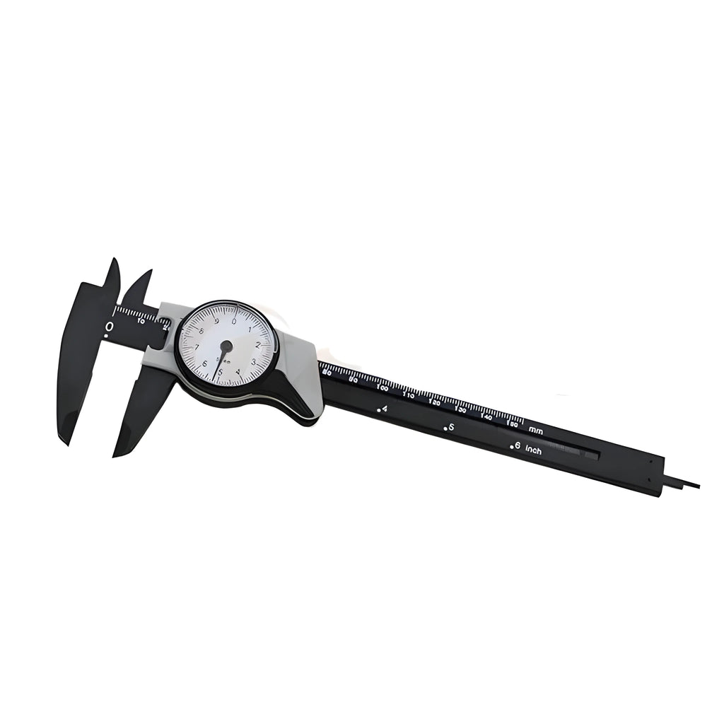 Plastic vernier caliper measuring tool showing 0-150mm range with black and white colour options