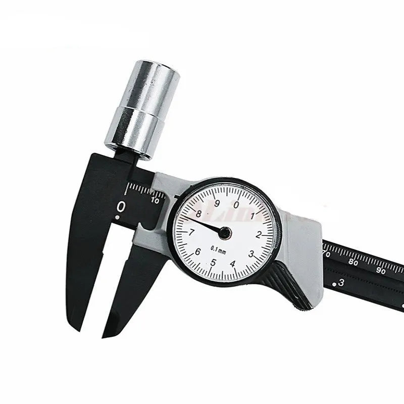 Plastic vernier caliper measuring tool showing 0-150mm range with black and white colour options