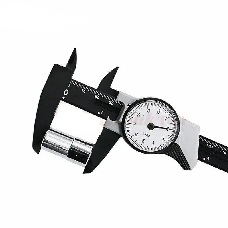 Plastic vernier caliper measuring tool showing 0-150mm range with black and white colour options