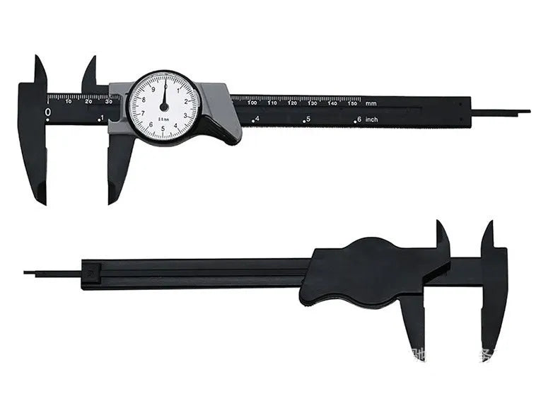 Plastic vernier caliper measuring tool showing 0-150mm range with black and white colour options