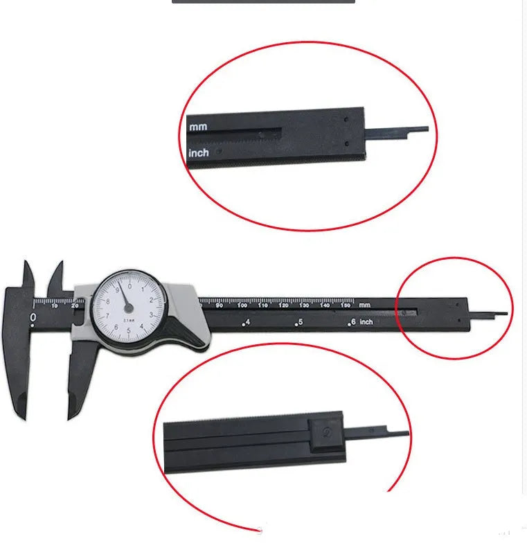 Plastic vernier caliper measuring tool showing 0-150mm range with black and white colour options