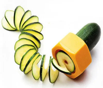 Green and yellow plastic spiral vegetable cutter for cucumber slicing with 8cm diameter