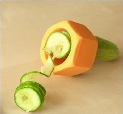 Green and yellow plastic spiral vegetable cutter for cucumber slicing with 8cm diameter