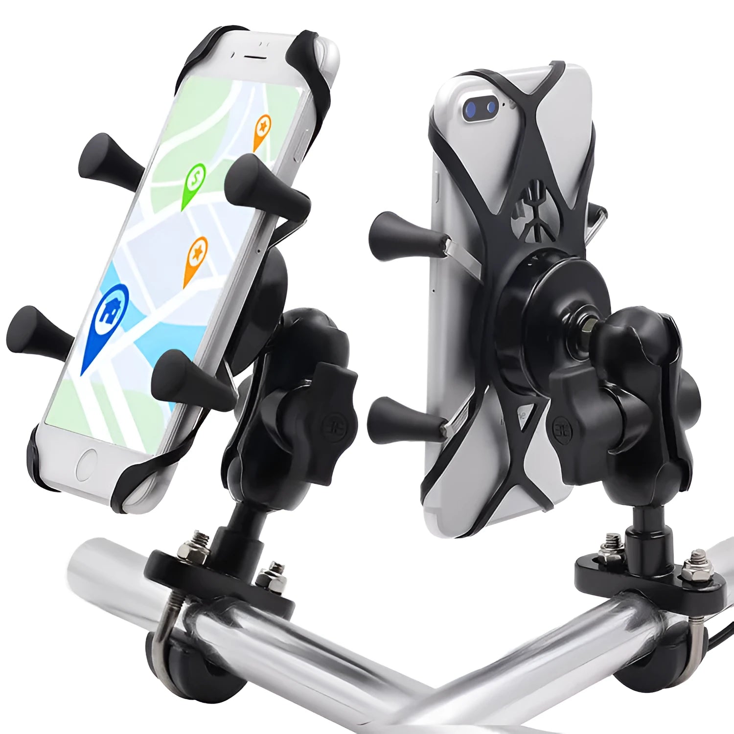 Black aluminium alloy motorcycle phone mounting bracket for handlebars and mirror bases