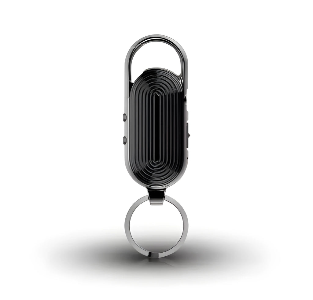 Black zinc alloy intelligent voice control digital audio recorder with one-key recording.