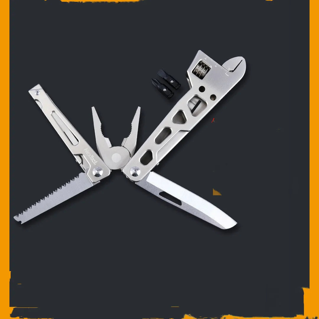 White-handled stainless steel multi-tool showing wrench, knife blade, and needle-nose pliers functions.