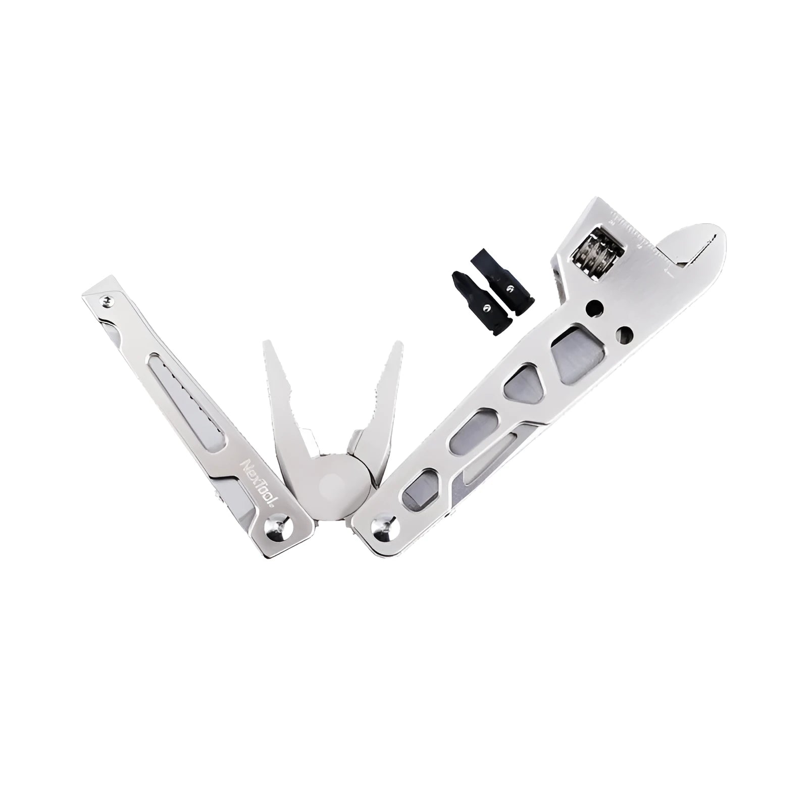 White-handled stainless steel multi-tool showing wrench, knife blade, and needle-nose pliers functions.