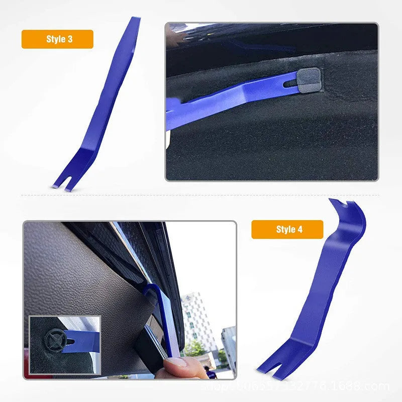 Tengyun 5-piece car audio disassembly tool kit with PP tools and blue screwdriver on workbench