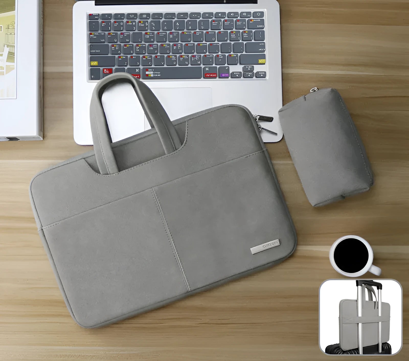 Blue waterproof PU leather laptop bag open to show internal organiser pockets and shock-resistant lining