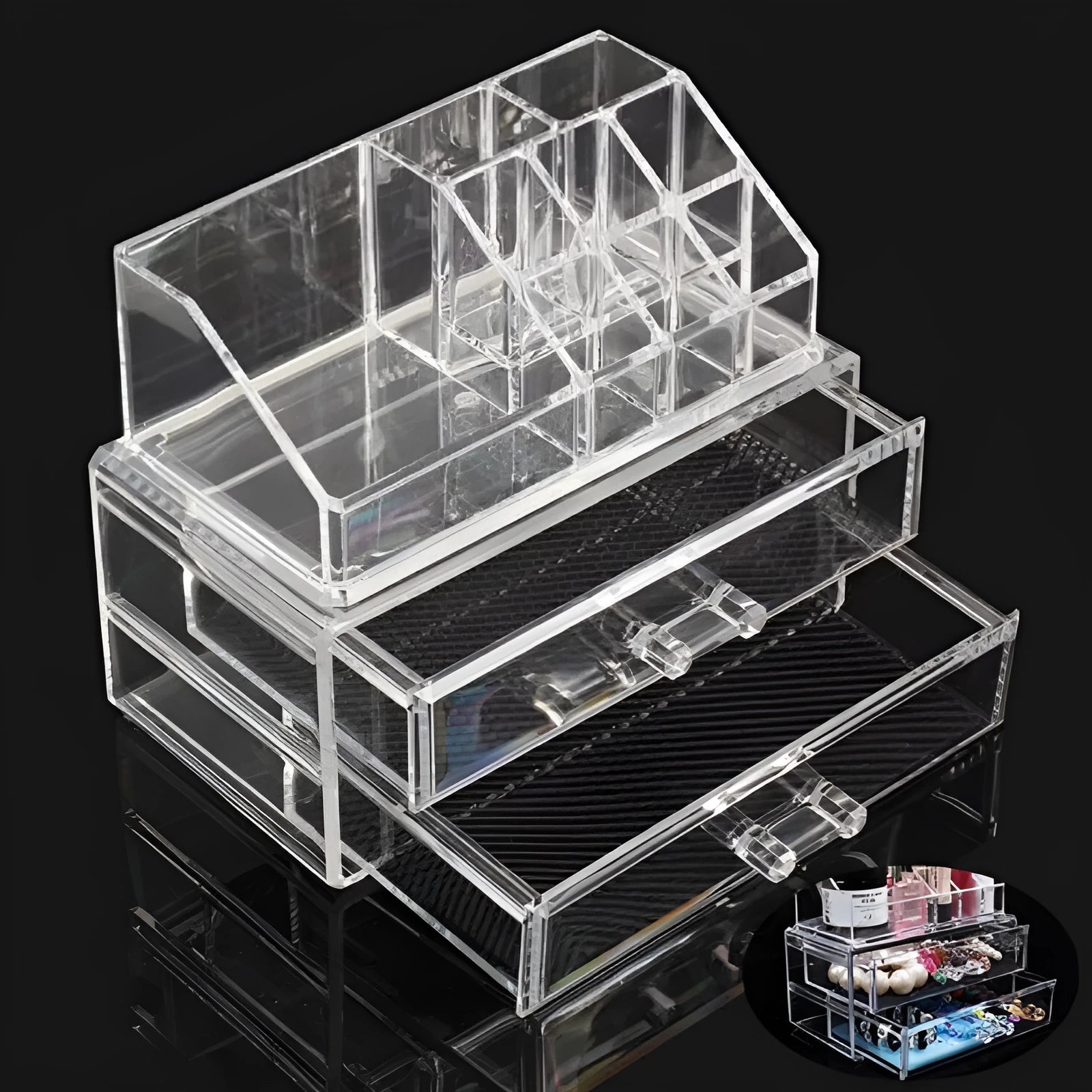 Clear foldable acrylic storage container for cosmetics with 18 litre capacity