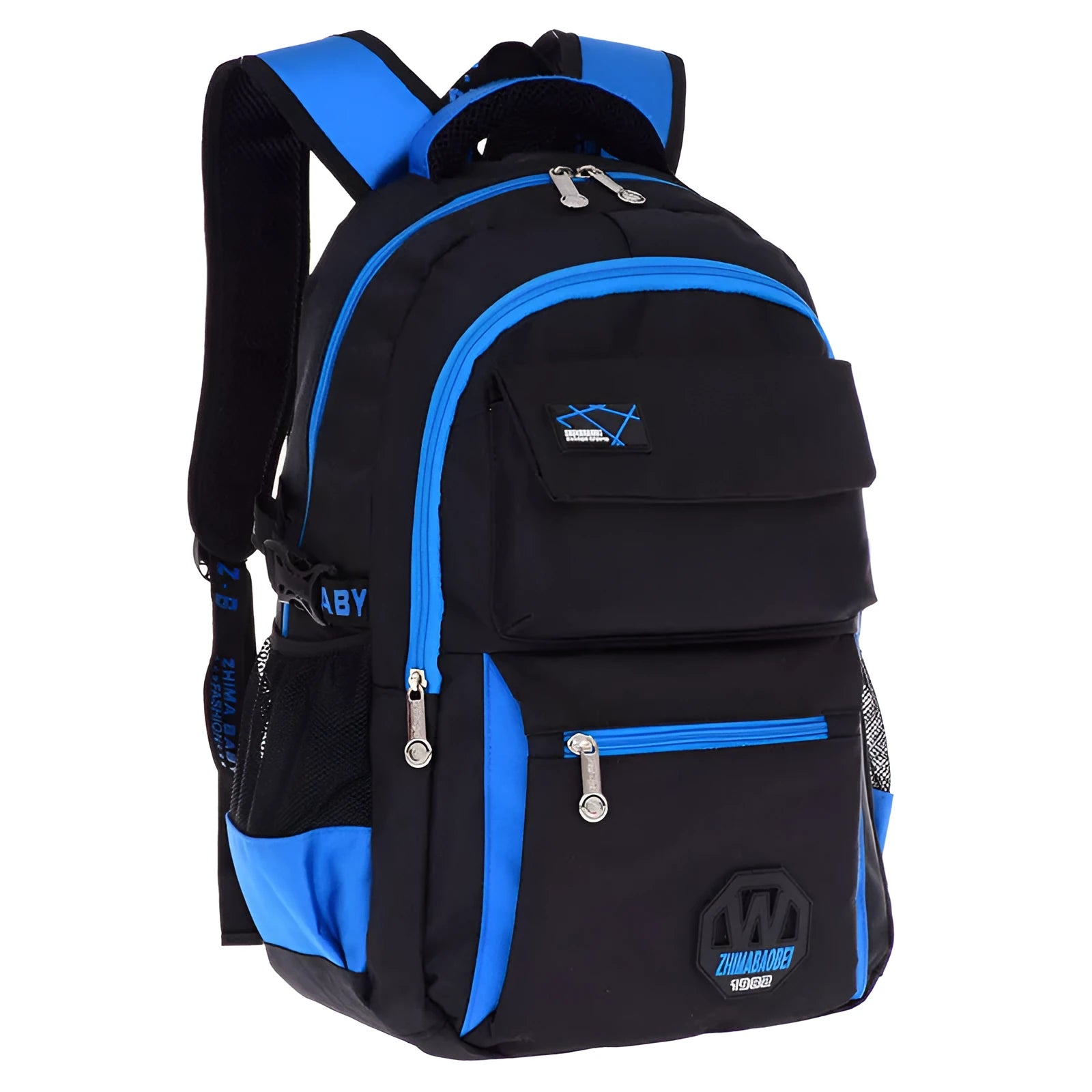 Student backpack in nylon fabric with multiple compartments including side pockets and mesh sections.