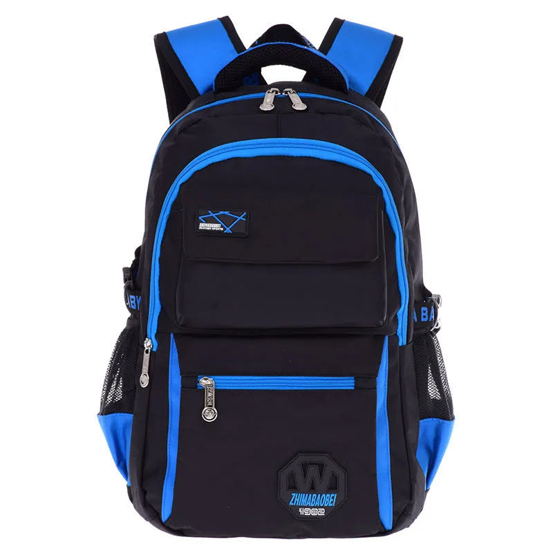 Student backpack in nylon fabric with multiple compartments including side pockets and mesh sections.