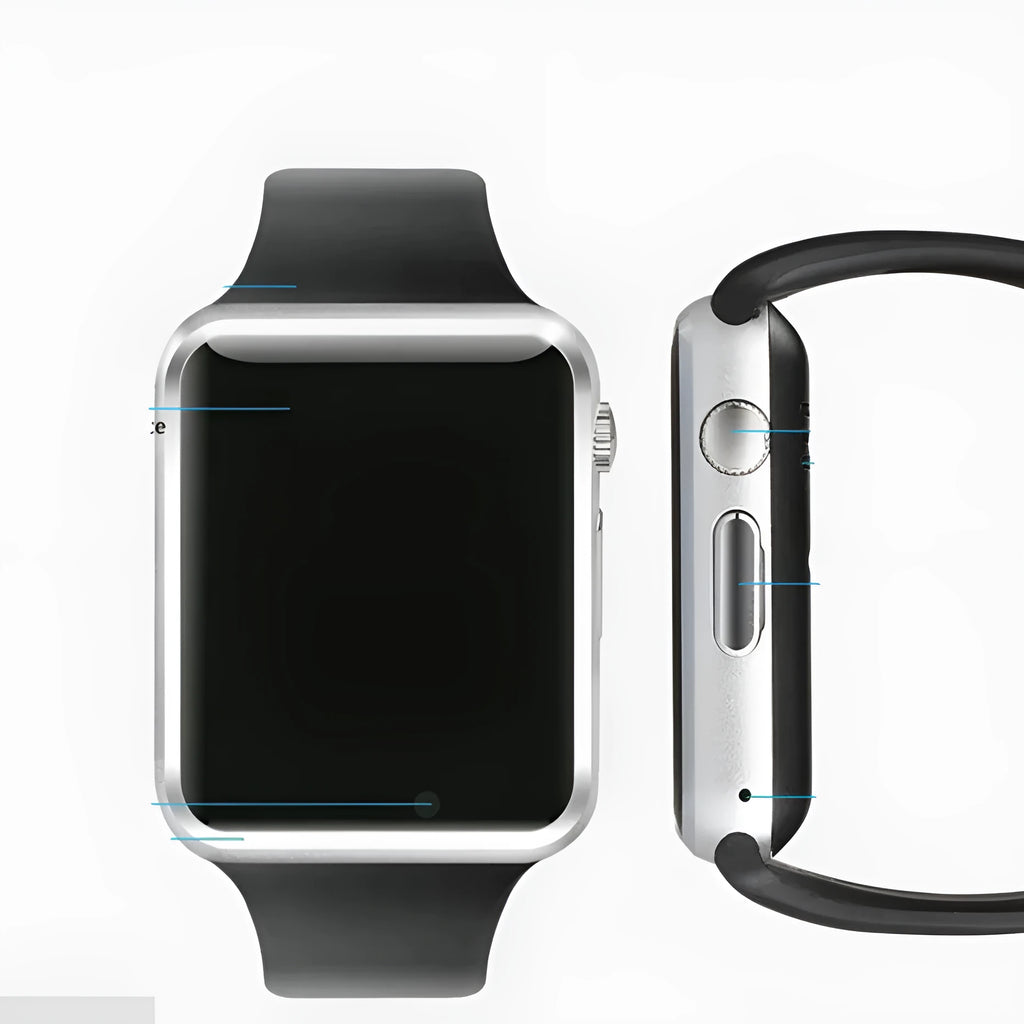 A1 Smart Watch with 1.54-inch display showing multiple colour options including black, silver, white, gold, pink, red, green and blue