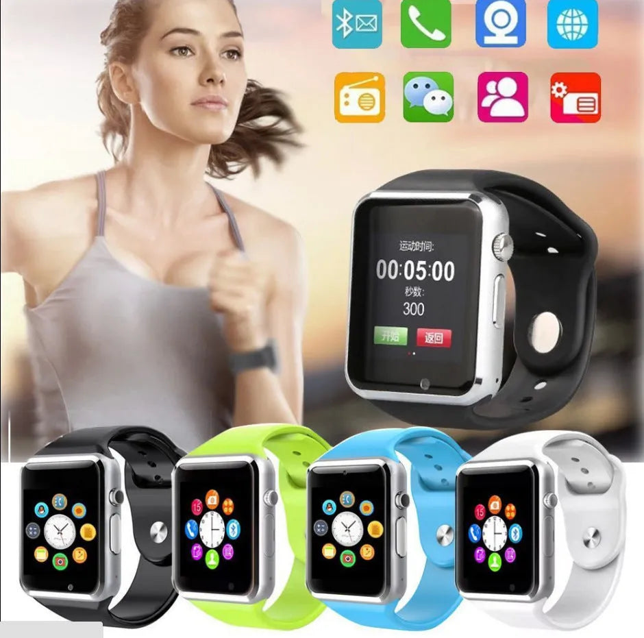 A1 Smart Watch with 1.54-inch display showing multiple colour options including black, silver, white, gold, pink, red, green and blue