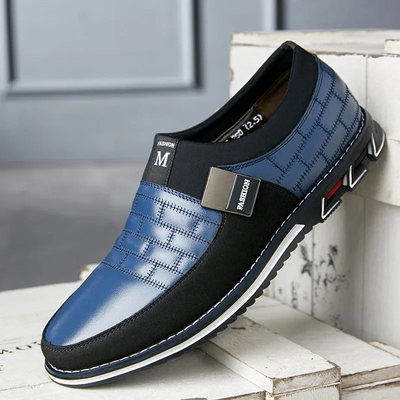 Men's leather casual shoes in blue, black, brown, and white colours showing low-cut design and extended sizing options