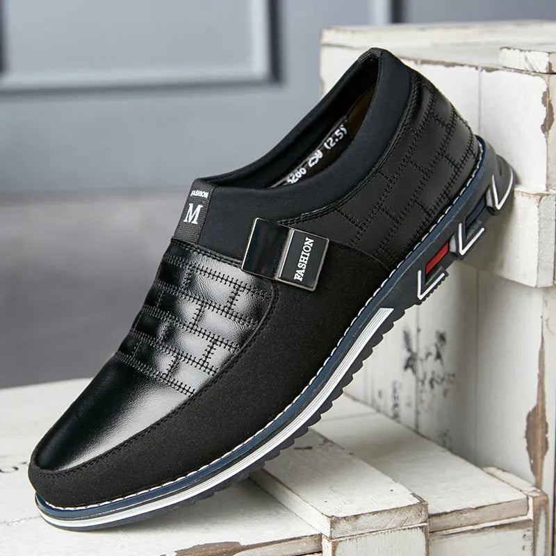 Men's leather casual shoes in blue, black, brown, and white colours showing low-cut design and extended sizing options