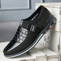 Men's leather casual shoes in blue, black, brown, and white colours showing low-cut design and extended sizing options