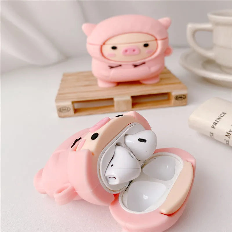 Cartoon pink pig silicone AirPods case with hook attachment for AirPods 1 2 Pro models