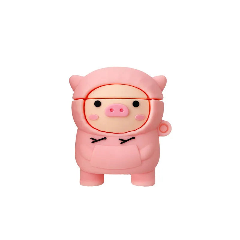 Cartoon pink pig silicone AirPods case with hook attachment for AirPods 1 2 Pro models