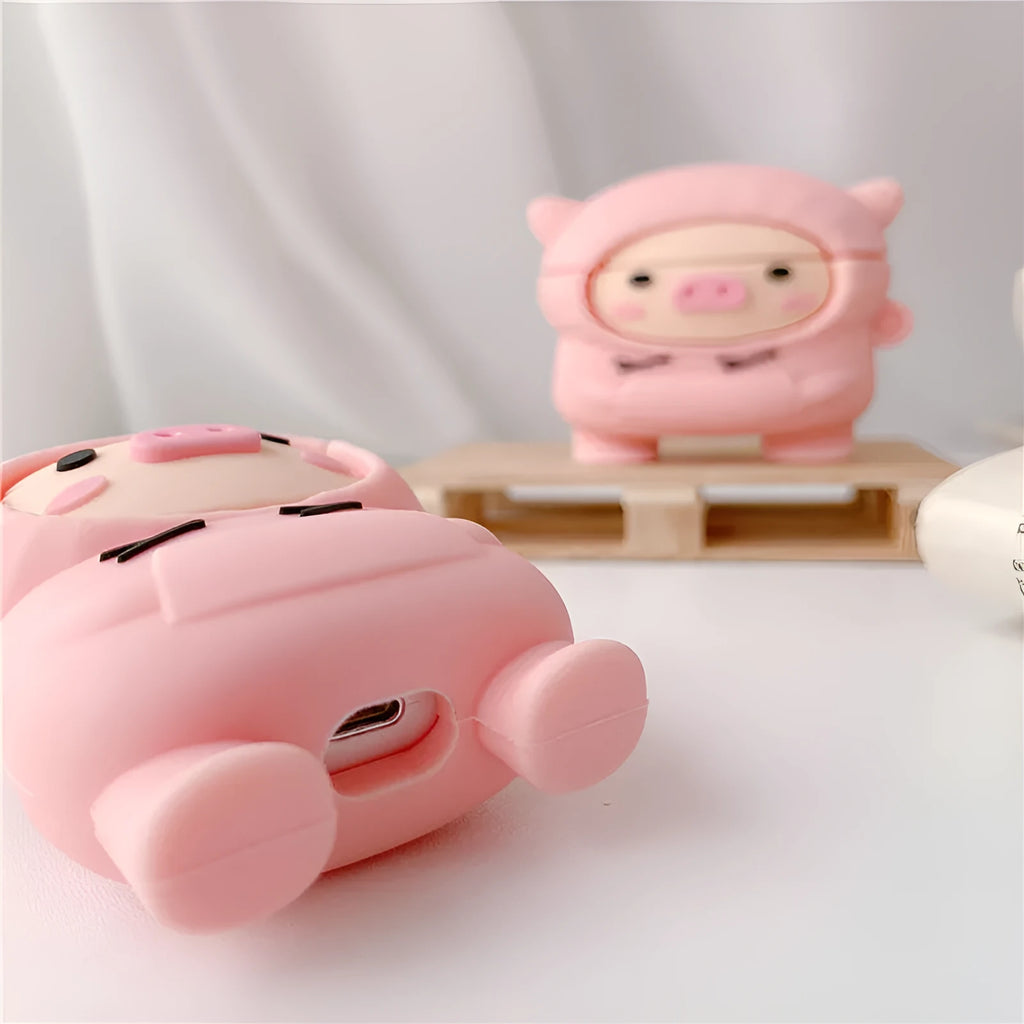 Cartoon pink pig silicone AirPods case with hook attachment for AirPods 1 2 Pro models