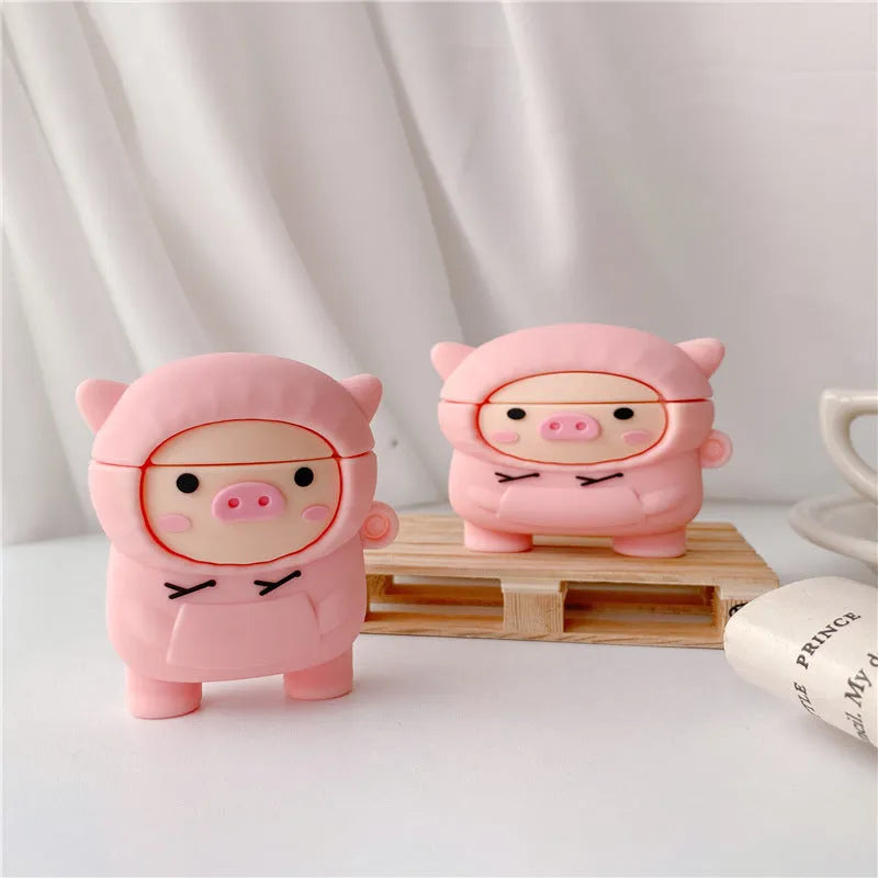 Cartoon pink pig silicone AirPods case with hook attachment for AirPods 1 2 Pro models