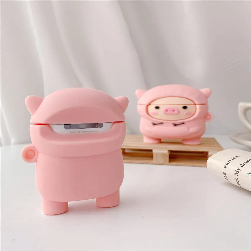 Cartoon pink pig silicone AirPods case with hook attachment for AirPods 1 2 Pro models