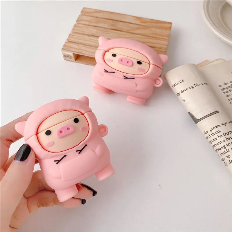 Cartoon pink pig silicone AirPods case with hook attachment for AirPods 1 2 Pro models