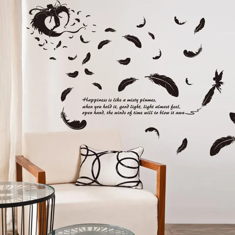 Black removable PVC wall sticker with feather angel three generations design, 50x70cm