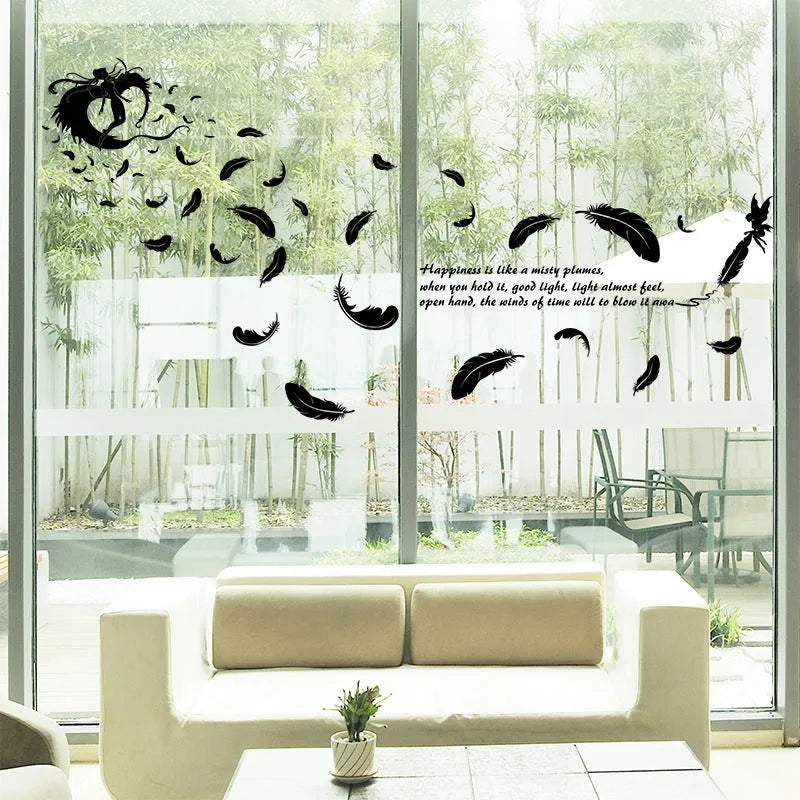 Black removable PVC wall sticker with feather angel three generations design, 50x70cm