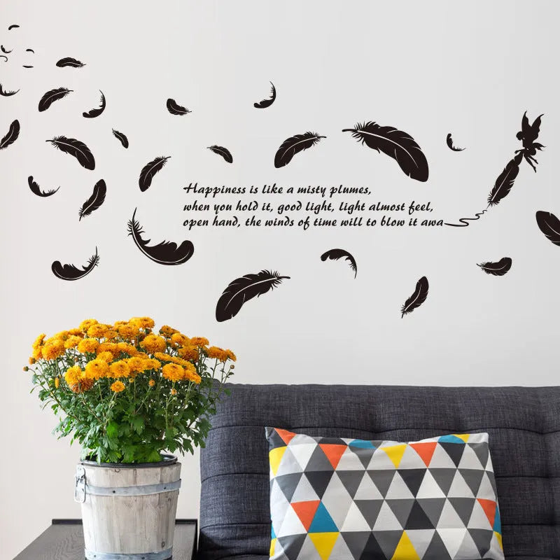 Black removable PVC wall sticker with feather angel three generations design, 50x70cm