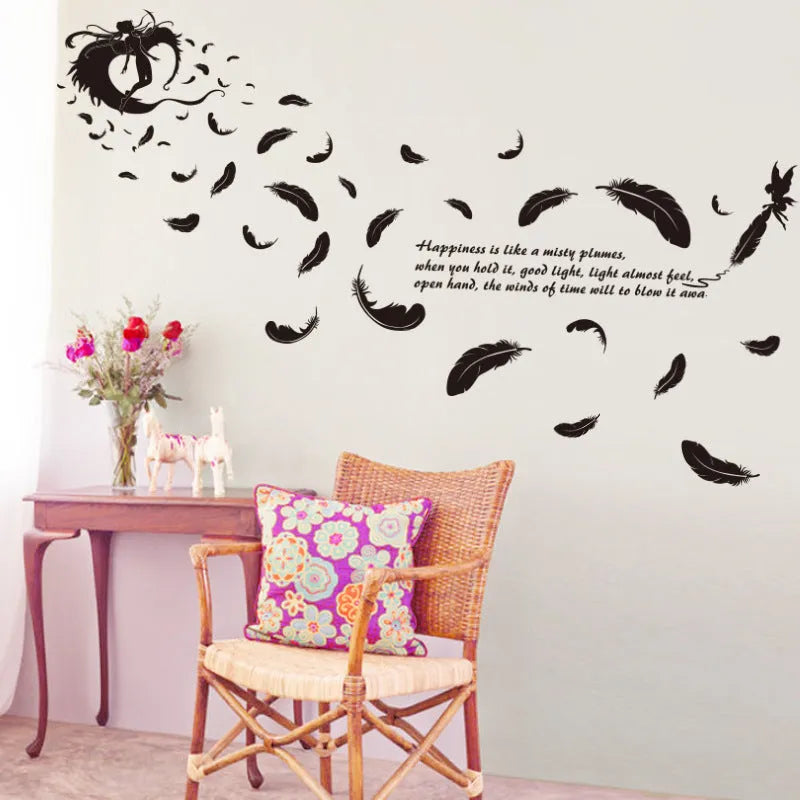 Black removable PVC wall sticker with feather angel three generations design, 50x70cm