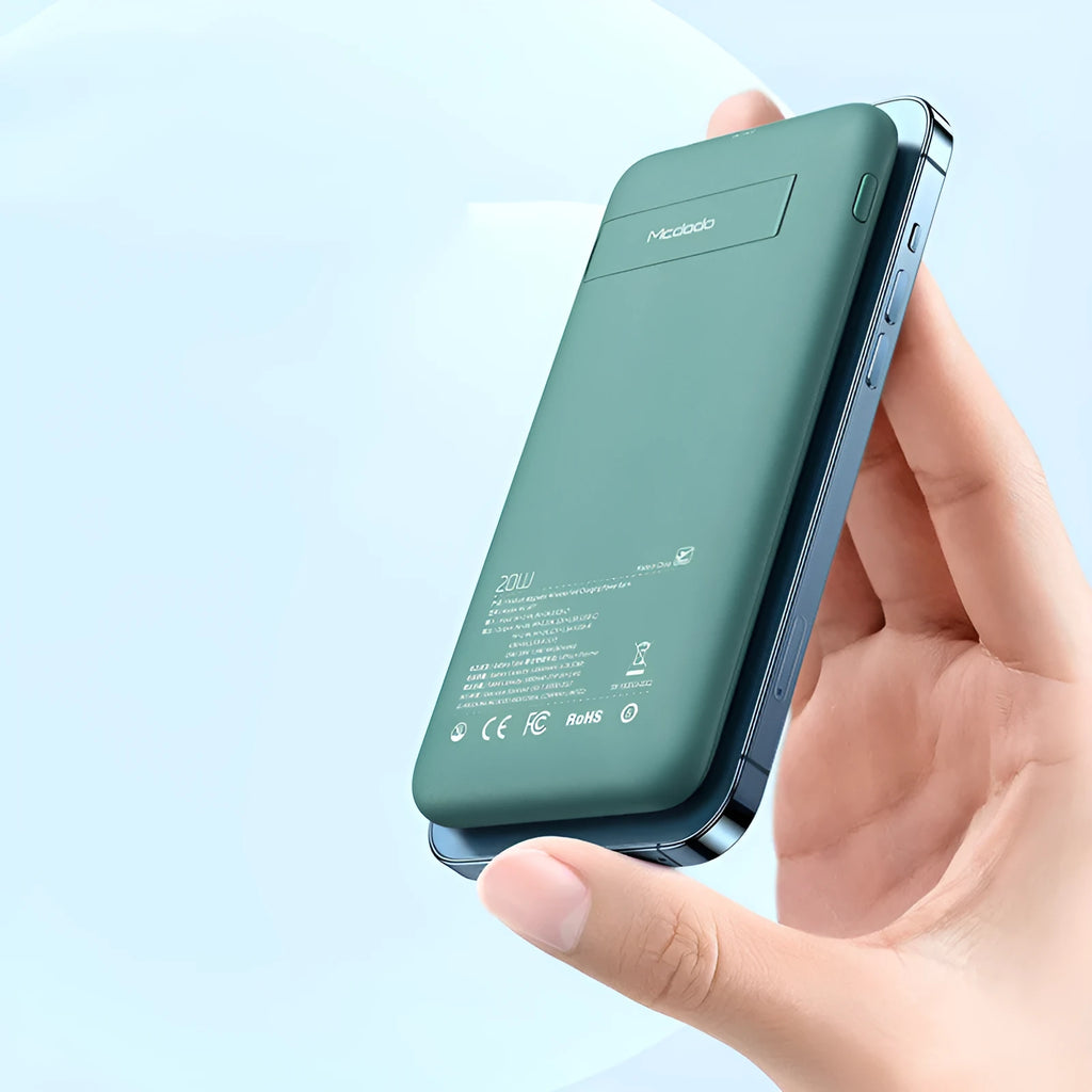 Maiduo Magsafe magnetic wireless charging power bank in mint green colour showing back clip design