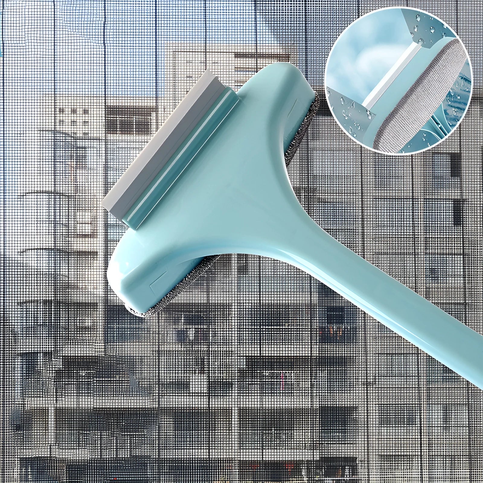 Telescopic window screen cleaning tool with brush head and extendable aluminium pole