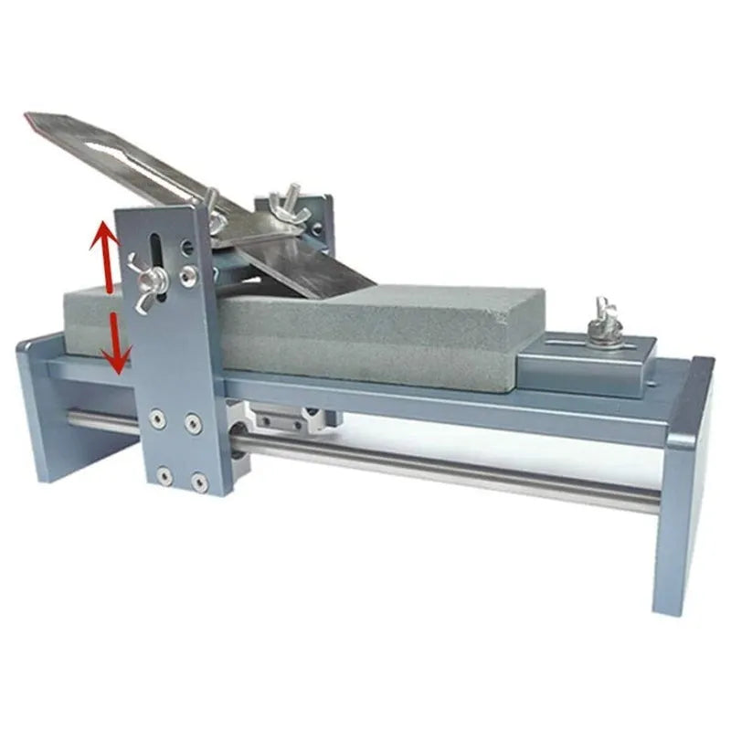 Fixed angle woodworking sharpening tool for chisels and planers made from silver aluminium alloy.