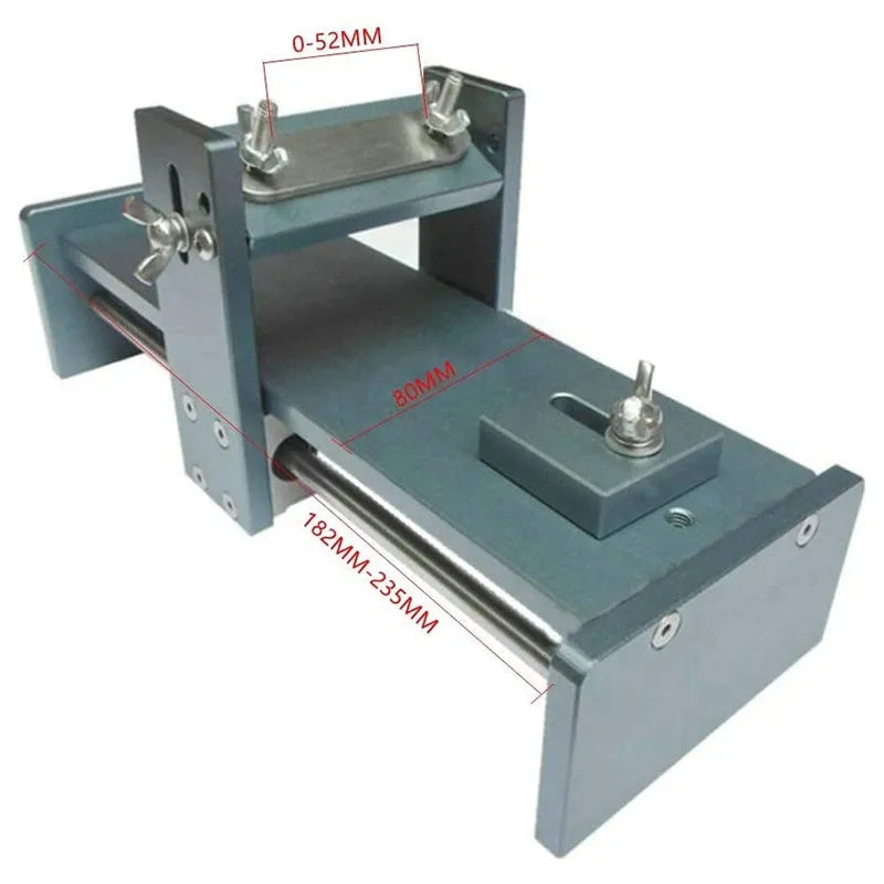 Fixed angle woodworking sharpening tool for chisels and planers made from silver aluminium alloy.
